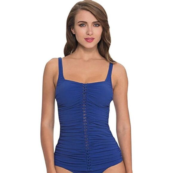 New. Gottex blue ruched tankini top. Size 8. Retails $95 - Picture 2 of 8